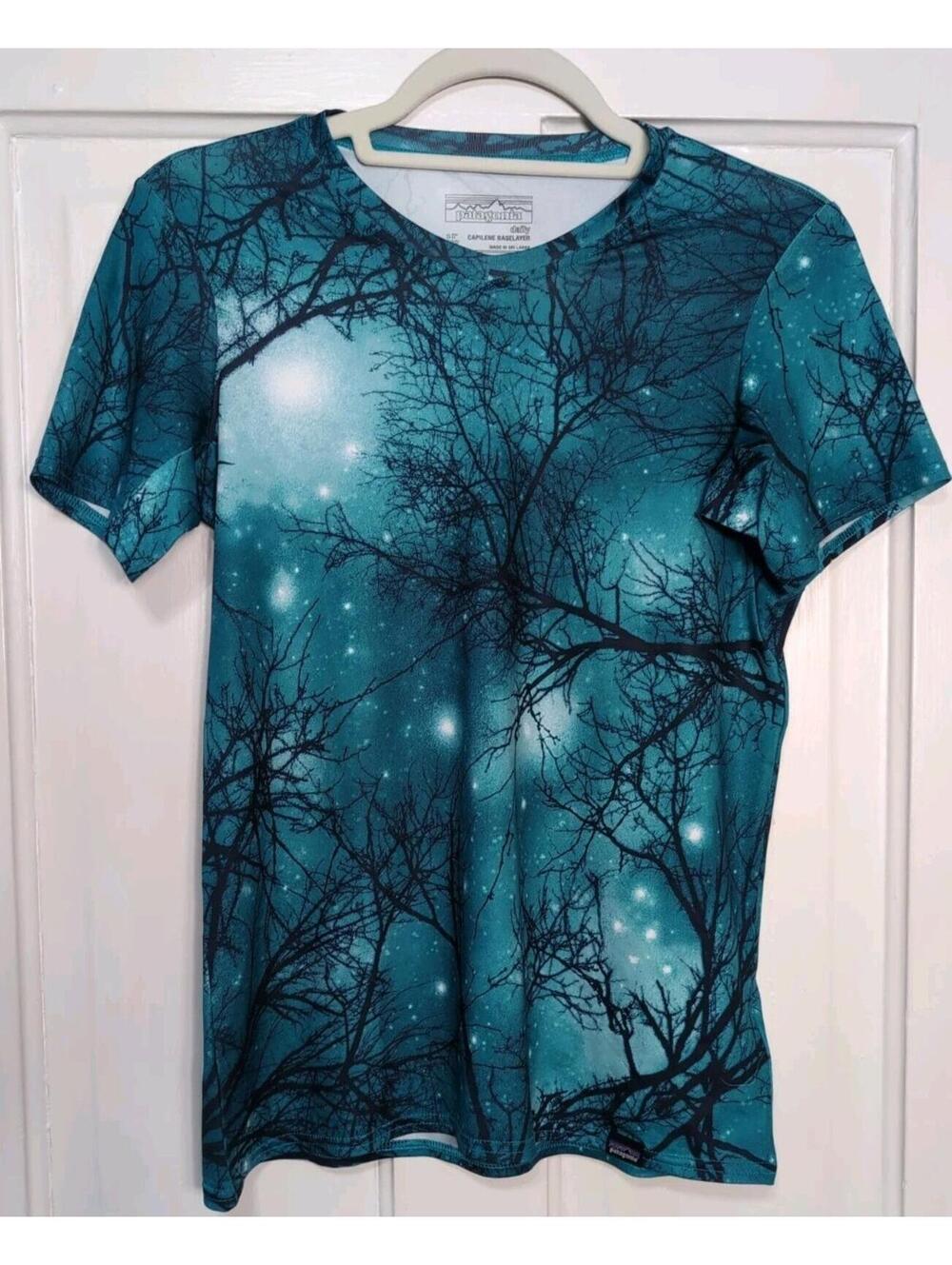 Patagonia Capilene BaseLayer Short Sleeve Tree Print Blue Green Women's XS(1311)